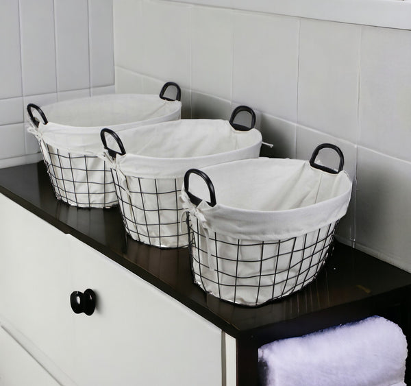 Homeroots Set Of Three Black Oval Wire Baskets With White Fabric Liners And Handles   379831