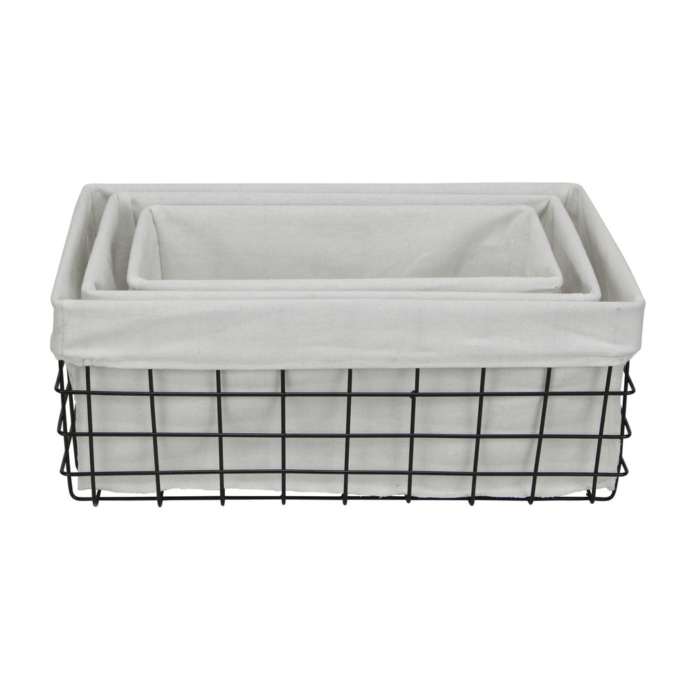 Homeroots Set Of 3 Rectangular White Lined And Metal Wire Baskets  Metal 379832