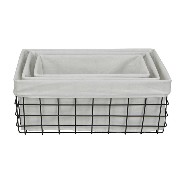 Homeroots Set Of 3 Rectangular White Lined And Metal Wire Baskets  Metal 379832
