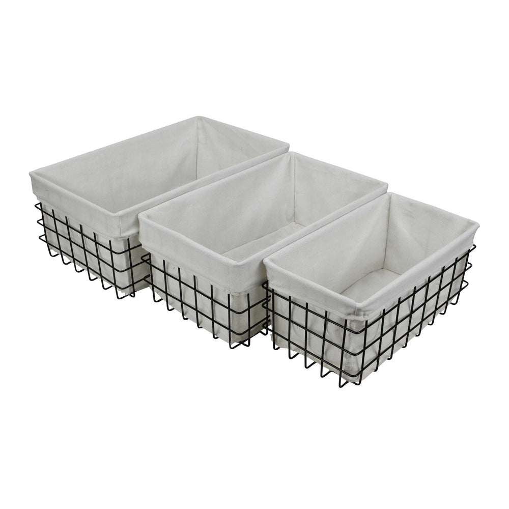 Homeroots Set Of 3 Rectangular White Lined And Metal Wire Baskets  Metal 379832