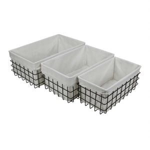 Homeroots Set Of 3 Rectangular White Lined And Metal Wire Baskets  Metal 379832