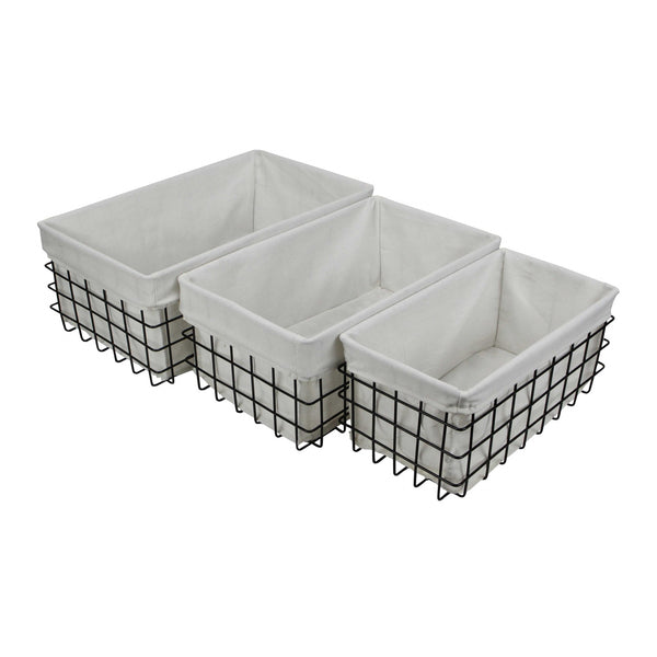 Homeroots Set Of 3 Rectangular White Lined And Metal Wire Baskets  Metal 379832