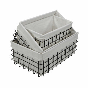 Homeroots Set Of 3 Rectangular White Lined And Metal Wire Baskets  Metal 379832