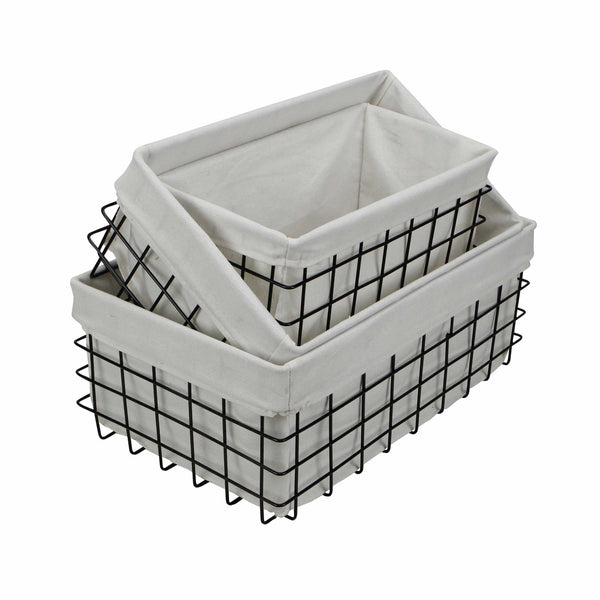 Homeroots Set Of 3 Rectangular White Lined And Metal Wire Baskets  Metal 379832