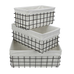 Homeroots Set Of 3 Rectangular White Lined And Metal Wire Baskets  Metal 379832