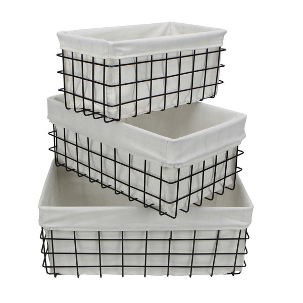 Homeroots Set Of 3 Rectangular White Lined And Metal Wire Baskets  Metal 379832