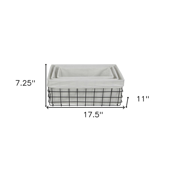 Homeroots Set Of 3 Rectangular White Lined And Metal Wire Baskets  Metal 379832