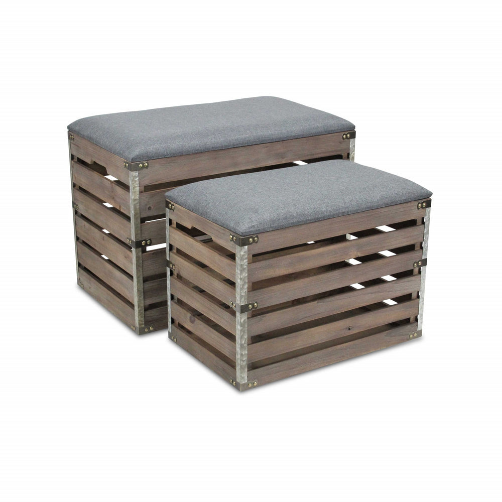 Homeroots Set Of 2 Rectangular Gray Linen Fabric And Wood Slats Storage Benches  Solid Wood 379836