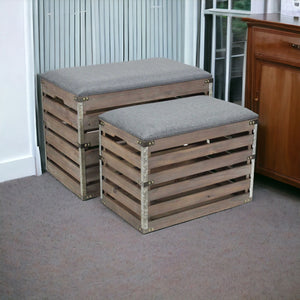 Homeroots Set Of 2 Rectangular Gray Linen Fabric And Wood Slats Storage Benches  Solid Wood 379836