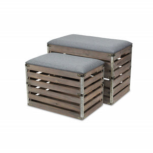 Homeroots Set Of 2 Rectangular Gray Linen Fabric And Wood Slats Storage Benches  Solid Wood 379836