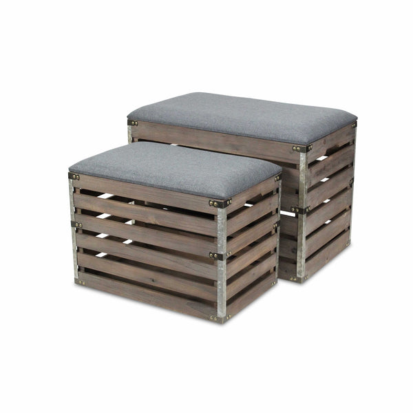 Homeroots Set Of 2 Rectangular Gray Linen Fabric And Wood Slats Storage Benches  Solid Wood 379836