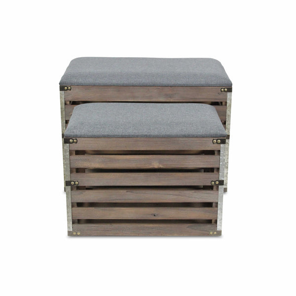 Homeroots Set Of 2 Rectangular Gray Linen Fabric And Wood Slats Storage Benches  Solid Wood 379836