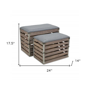 Homeroots Set Of 2 Rectangular Gray Linen Fabric And Wood Slats Storage Benches  Solid Wood 379836