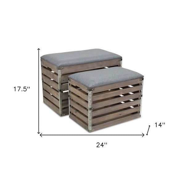 Homeroots Set Of 2 Rectangular Gray Linen Fabric And Wood Slats Storage Benches  Solid Wood 379836