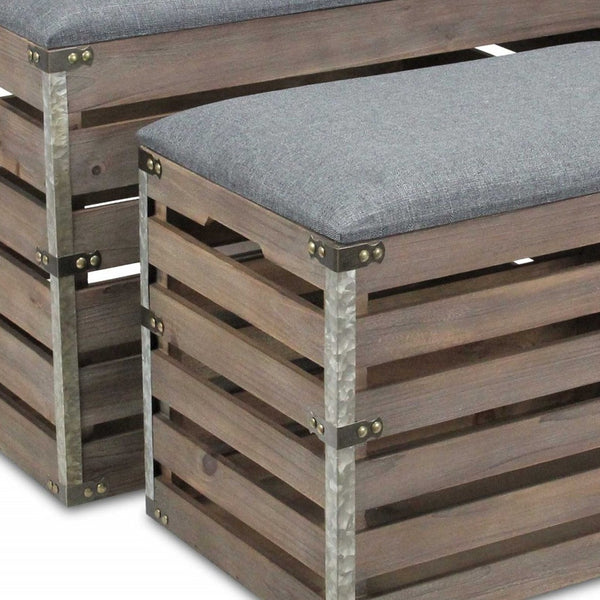Homeroots Set Of 2 Rectangular Gray Linen Fabric And Wood Slats Storage Benches  Solid Wood 379836
