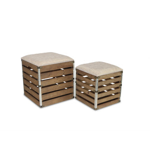 Homeroots Set Of 2 Square Brown Linen Fabric And Wood Slats Storage Benches  Solid Wood 379837