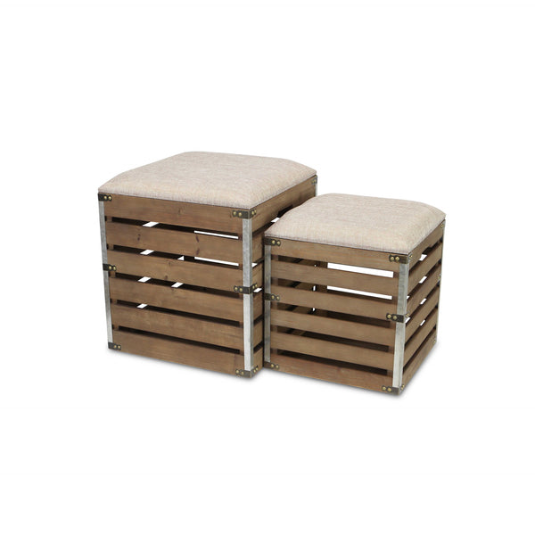 Homeroots Set Of 2 Square Brown Linen Fabric And Wood Slats Storage Benches  Solid Wood 379837