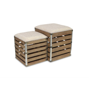 Homeroots Set Of 2 Square Brown Linen Fabric And Wood Slats Storage Benches  Solid Wood 379837