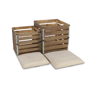 Homeroots Set Of 2 Square Brown Linen Fabric And Wood Slats Storage Benches  Solid Wood 379837