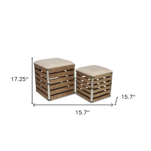 Homeroots Set Of 2 Square Brown Linen Fabric And Wood Slats Storage Benches  Solid Wood 379837