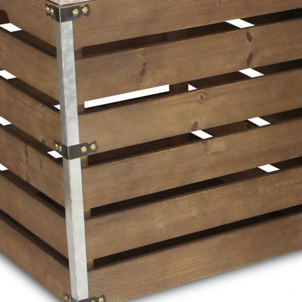 Homeroots Set Of 2 Square Brown Linen Fabric And Wood Slats Storage Benches  Solid Wood 379837