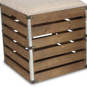 Homeroots Set Of 2 Square Brown Linen Fabric And Wood Slats Storage Benches  Solid Wood 379837