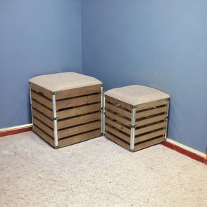 Homeroots Set Of 2 Square Brown Linen Fabric And Wood Slats Storage Benches  Solid Wood 379837