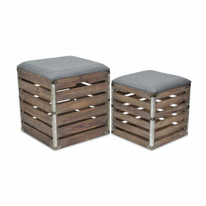 Homeroots Set Of 2 Square Gray Linen Fabric And Wood Slats Storage Benches  Solid Wood 379838