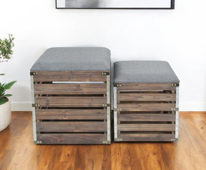 HomeRoots Set of 2 Gray Linen Storage Benches with Wood Slats - Stylish Nested Seating for Modern Homes 379838