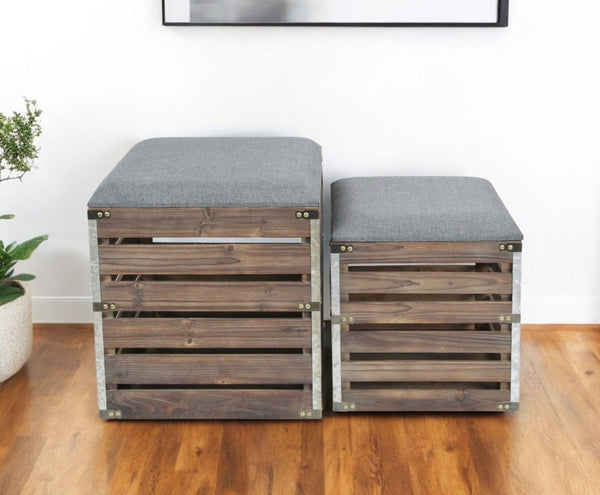 HomeRoots Set of 2 Gray Linen Storage Benches with Wood Slats - Stylish Nested Seating for Modern Homes 379838