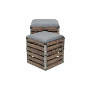 Homeroots Set Of 2 Square Gray Linen Fabric And Wood Slats Storage Benches  Solid Wood 379838