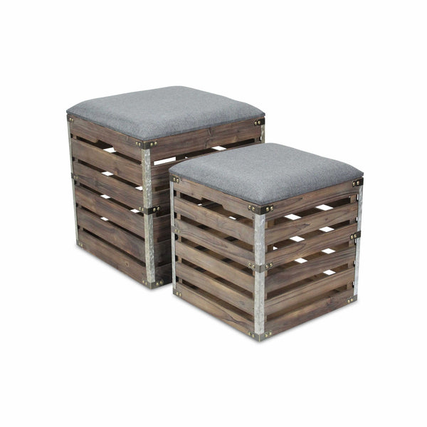 Homeroots Set Of 2 Square Gray Linen Fabric And Wood Slats Storage Benches  Solid Wood 379838