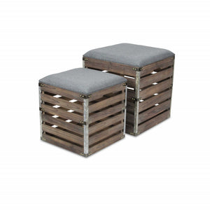 Homeroots Set Of 2 Square Gray Linen Fabric And Wood Slats Storage Benches  Solid Wood 379838