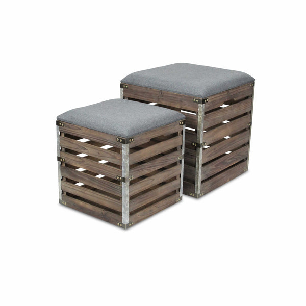 Homeroots Set Of 2 Square Gray Linen Fabric And Wood Slats Storage Benches  Solid Wood 379838