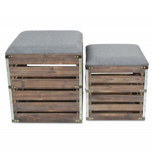 Homeroots Set Of 2 Square Gray Linen Fabric And Wood Slats Storage Benches  Solid Wood 379838