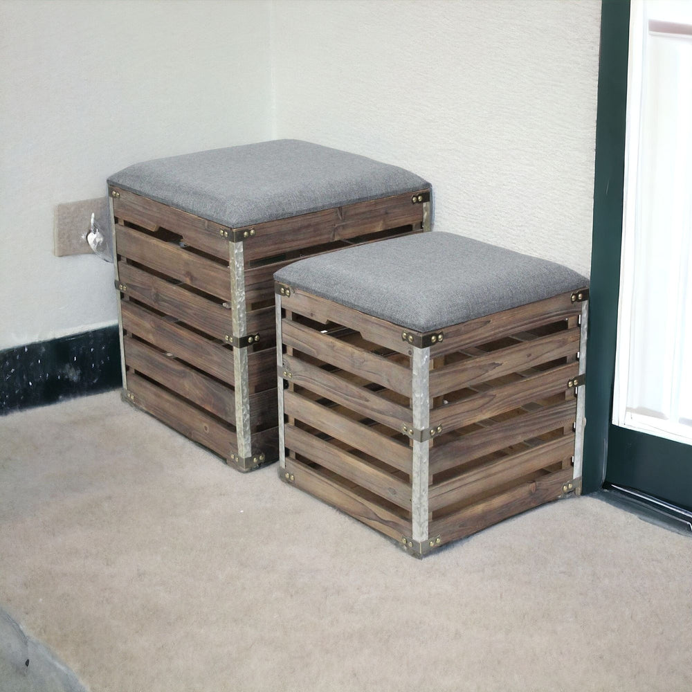 Homeroots Set Of 2 Square Gray Linen Fabric And Wood Slats Storage Benches  Solid Wood 379838
