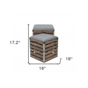 Homeroots Set Of 2 Square Gray Linen Fabric And Wood Slats Storage Benches  Solid Wood 379838