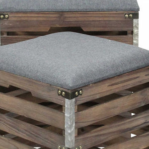 Homeroots Set Of 2 Square Gray Linen Fabric And Wood Slats Storage Benches  Solid Wood 379838