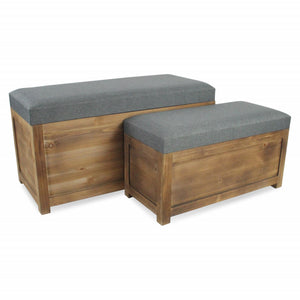Homeroots Set Of 2 Rectangular Gray Linen Fabric And Wood Storage Benches  Solid Wood 379848