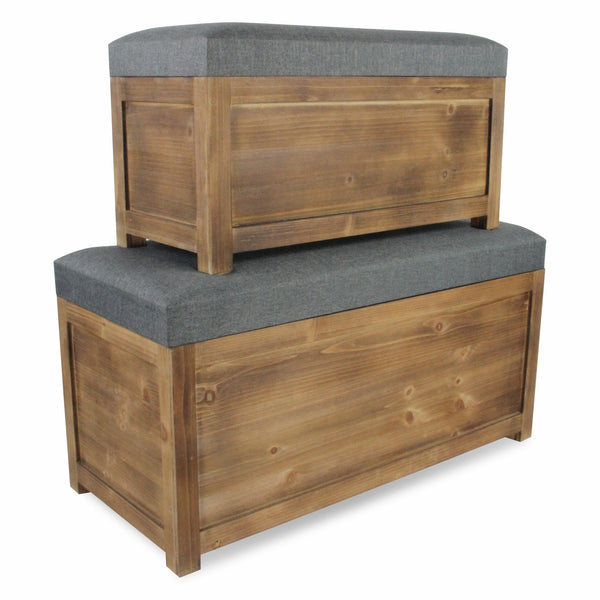 Homeroots Set Of 2 Rectangular Gray Linen Fabric And Wood Storage Benches  Solid Wood 379848