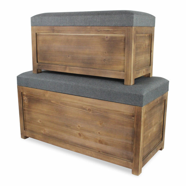 Homeroots Set Of 2 Rectangular Gray Linen Fabric And Wood Storage Benches  Solid Wood 379848
