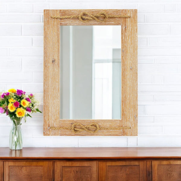 HomeRoots 31" Rustic Nautical Framed Wall Mirror – Coastal Charm with Woven Rope Accents for Any Room Decor 379856