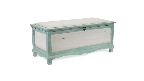 Homeroots Rectangular Green Wooden With Seat Cushion And Inside Storage Bench  Solid Wood 379862