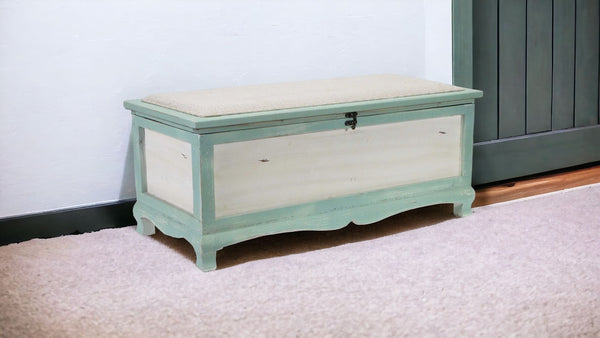 Homeroots Rectangular Green Wooden With Seat Cushion And Inside Storage Bench  Solid Wood 379862