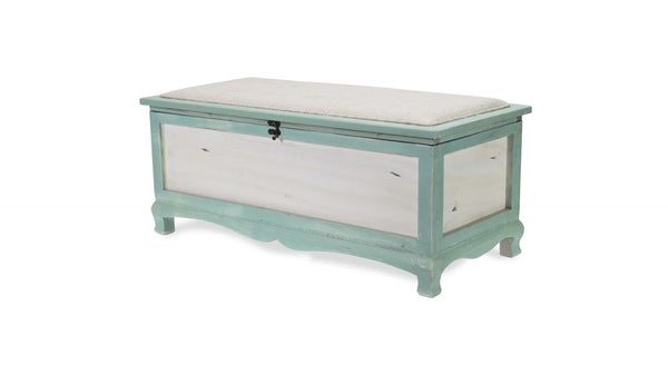 Homeroots Rectangular Green Wooden With Seat Cushion And Inside Storage Bench  Solid Wood 379862