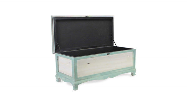 Homeroots Rectangular Green Wooden With Seat Cushion And Inside Storage Bench  Solid Wood 379862