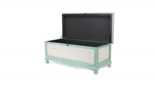 Homeroots Rectangular Green Wooden With Seat Cushion And Inside Storage Bench  Solid Wood 379862