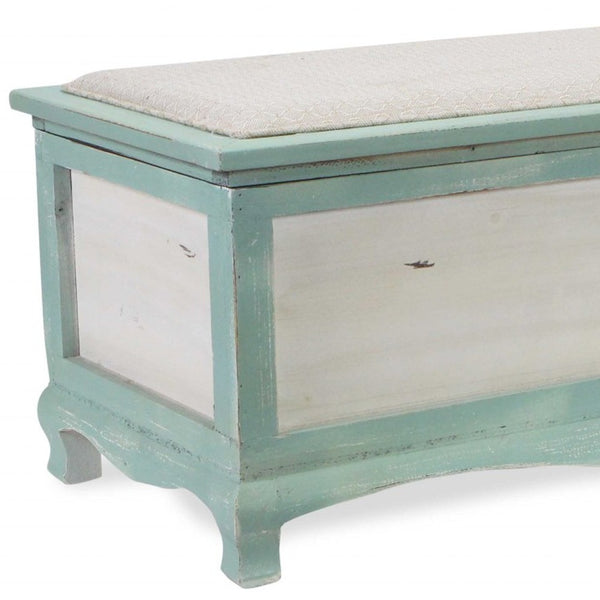 Homeroots Rectangular Green Wooden With Seat Cushion And Inside Storage Bench  Solid Wood 379862