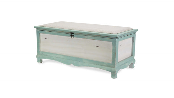Homeroots Rectangular Green Wooden With Seat Cushion And Inside Storage Bench  Solid Wood 379862