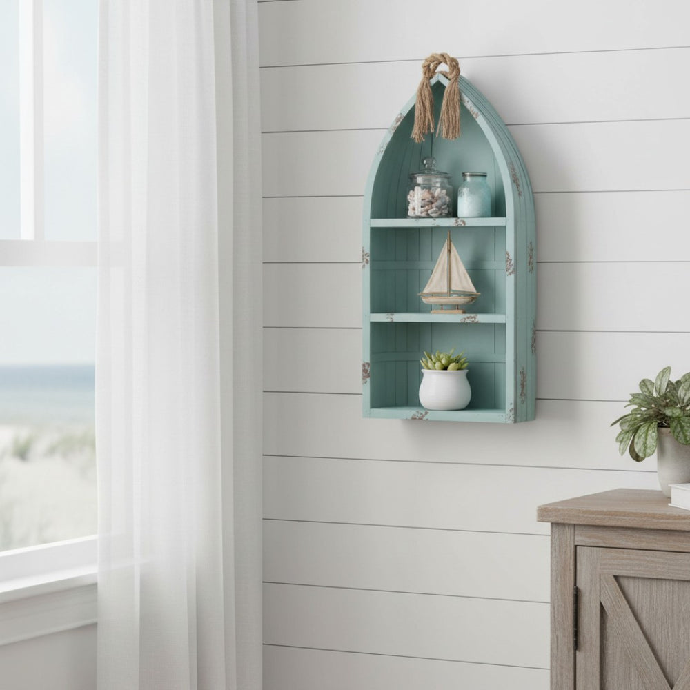 HomeRoots 34" Aqua Blue Wood Canoe Hanging Shelf – Handcrafted Nautical Décor for Coastal Charm & Style 379868